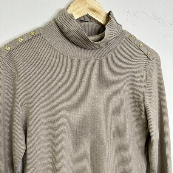 Calvin Klein turtleneck sweater with gold buttons beige tan khaki ribbed Size L - Picture 4 of 9